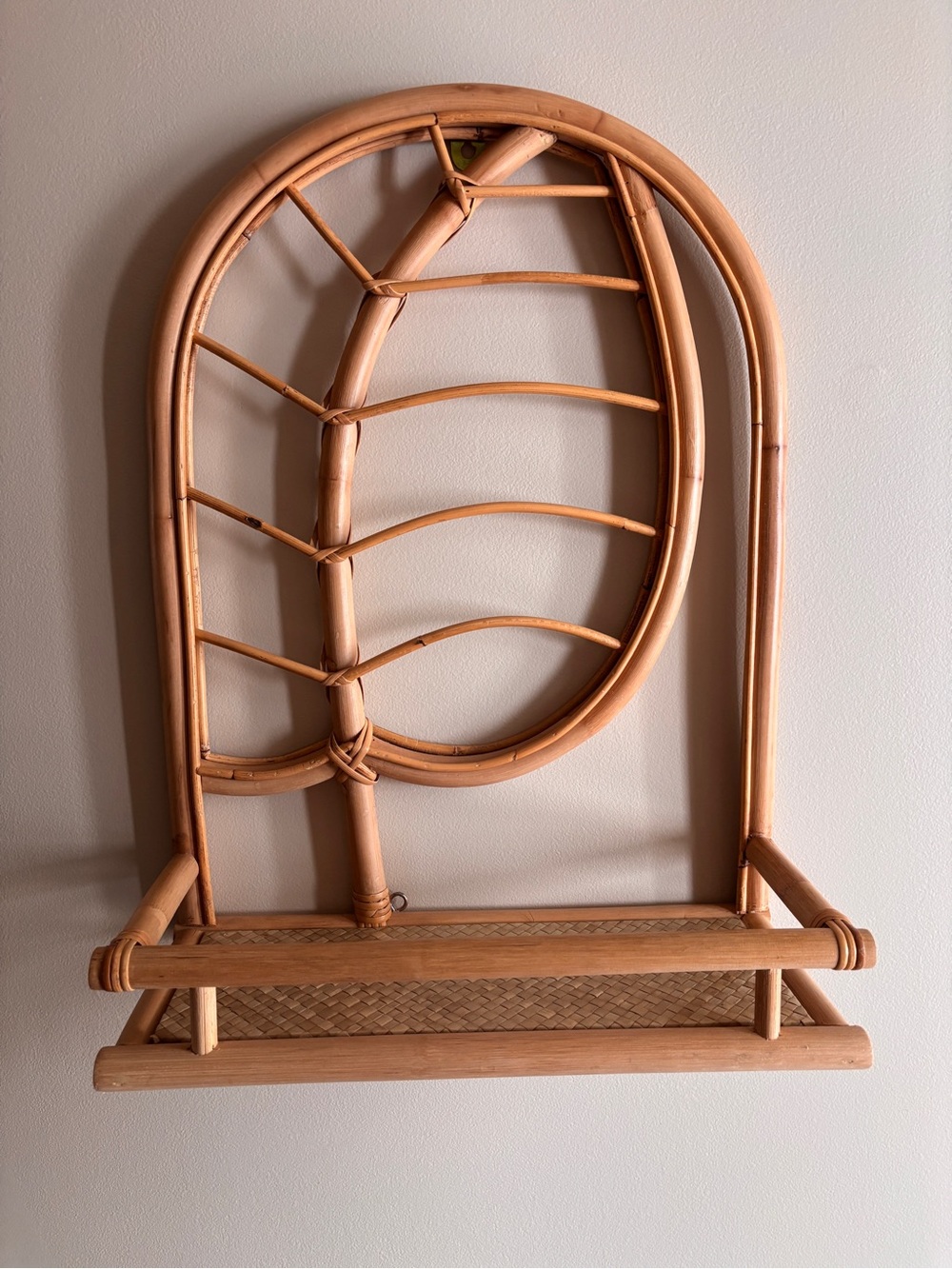 Boho Bamboo Rattan Wall Shelf | Woven Cane Display Shelf | Natural Wood